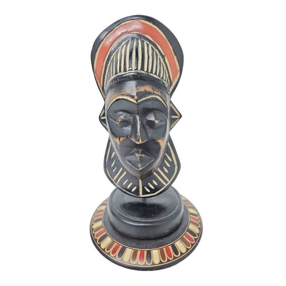 Vintage African Wooden Hand Carved Standing Tribal Mask Sculpture Black Red - Picture 1 of 8
